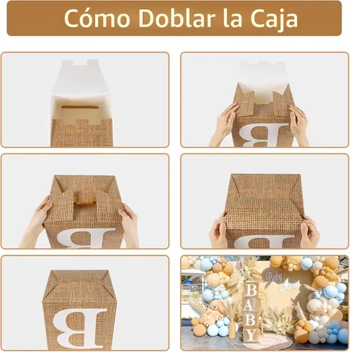 Vista 4 de RUBFAC Cajas de bebé con letras para baby shower, 4 piezas estilo rústico de granja bohemia con asa de arpillera y grano para decoración