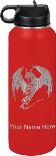 Vista 8 de LaserGram Botella de agua con tapa abatible de doble pared de 12 onzas con pajilla, dragón, grabado personalizado incluido (negro)