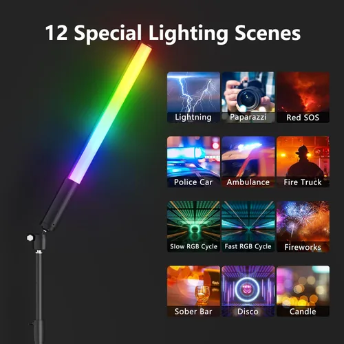 Vista 5 de Varita de luz LED RGB de 360° RGB para fotografía de estudio, luces de tubo alimentadas por batería, 12 efectos de iluminación, luz de cámara