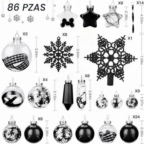 Vista 2 de SHareconn Juego de 86 Piezas de Decoraciones y Adornos para Árbol de Navidad, Bolas de Plástico Transparentes Irrompibles para Decoración de Árbol