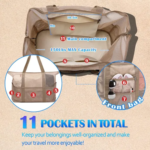 Vista 3 de Eslcorri Bolso de playa de malla Bolsa de playa extra grande con 11 bolsillos plegable bolsa de hombro para mujer