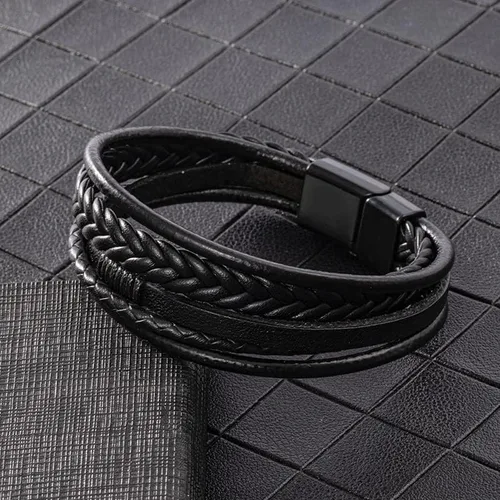 Vista 2 de Pulsera trenzada marrón casual de cuero negro para hombre