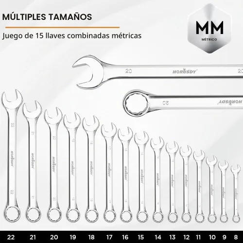 Vista 5 de HORUSDY Juego de llaves métricas de 15 piezas, juego de llaves combinadas de alta calidad métricas 0.315-0.866 in, par máximo, 12 puntos, acero al