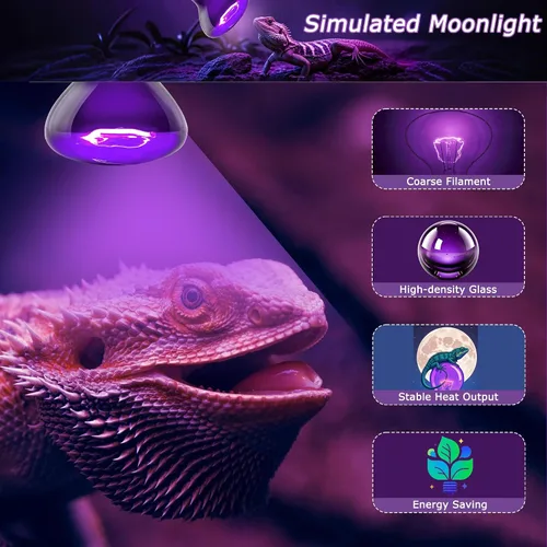 Vista 3 de Bombilla de luz de luna de reptil de 60 W - Luz nocturna púrpura suave para visión nocturna, apta para dormir, vida 2000H, base E26