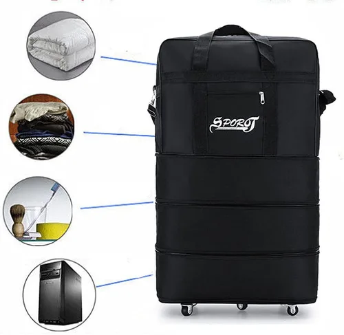 Vista 4 de Bolsa de viaje Oxford expandible extra grande con ruedas, impermeable, ligera, plegable, maleta, Negro -, Equipaje extensible central rígido