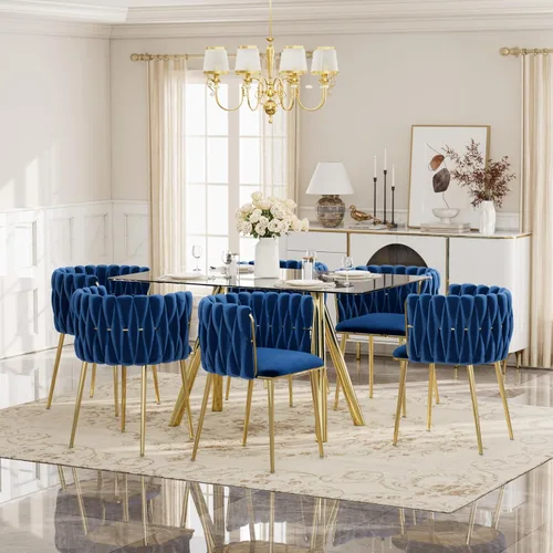Vista 25 de Glam Style - Juego de mesa de comedor de 5 piezas para 4, mesa de comedor rectangular de vidrio templado de 51 pulgadas con base de metal dorado
