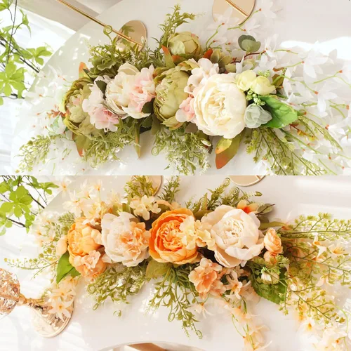 Vista 5 de Guirnalda de flores artificiales de peonía para puerta delantera, flores de arco de boda, 29.5 pulgadas con hortensia para dintel, boda, arco Naranja