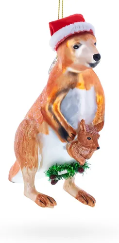 Vista 3 de Canguro en sombrero de Santa con adorno navideño de cristal Joey Hand Painted, Ready to Hang, Gift Tagged