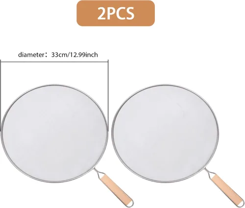Vista 2 de 2 protectores contra salpicaduras de acero inoxidable de 13 pulgadas con asa, protectores de malla contra salpicaduras de aceite, mantiene