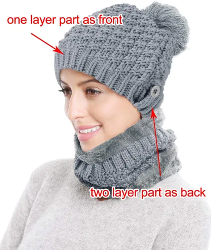 Vista 2 de Gorro de invierno para mujer, conjunto de bufanda y máscara para mujer, grueso y cálido, forro polar, con forro polar, 3 piezas