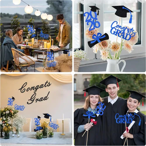 Vista 7 de Juego de 20 decoraciones de fiesta de graduación 2026, centro de mesa de graduación de doble cara con purpurina para mesas, mesas, accesorios