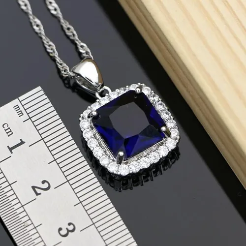 Vista 3 de Juego de joyas de plata 925, disfraz cuadrado de zafiro azul para mujer, aretes de aro, anillos, pulsera, collar