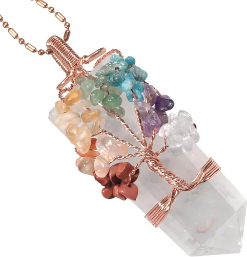 Vista 11 de TUMBEELLUWA Collar con colgante de árbol de 7 chakras unisex, alambre de cobre envuelto en 6 facetas con piedra de cristal con dije de amuleto