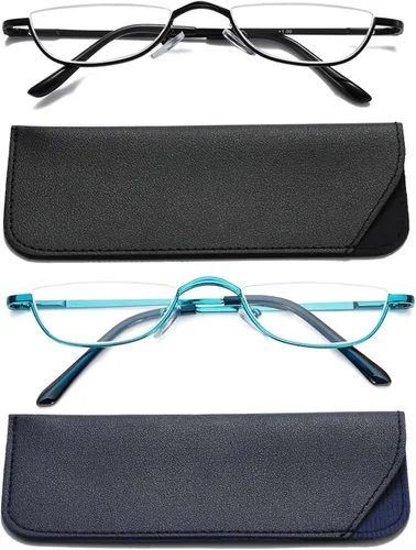Vista 13 de Viseng Gafas de lectura de medio marco para mujer y hombre, lentes de media luna delgadas, lectores de metal con montura semi desmontable +1.0