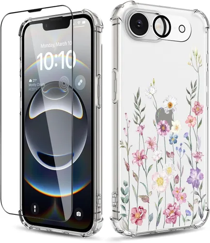 Vista 19 de Funda para iPhone 14, [3 en 1] con protector de pantalla y protector de lente de cámara, diseño de patrón de flores, transparente, suave, a prueba