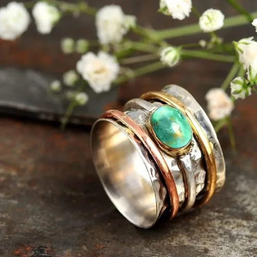 Vista 2 de Anillo giratorio turquesa de banda ancha para mujeres y niñas, anillo de múltiples capas antiestrés y bohemio, anillo envolvente de línea plateada