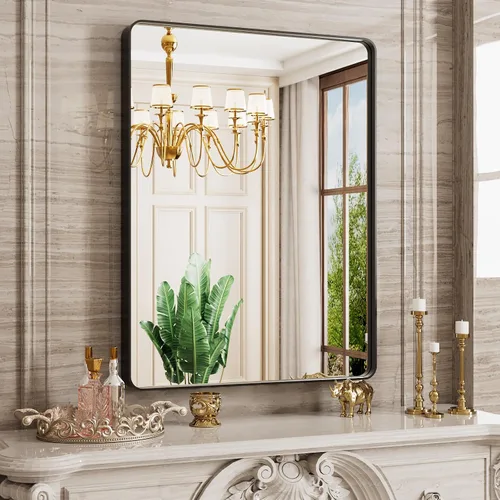 Vista 75 de JISOSO - Espejo de baño negro de 20x30 pulgadas con marco de metal negro, espejo de tocador rectangular redondeado con acabado mate para pared
