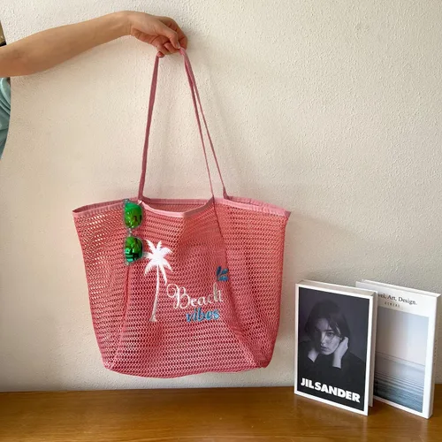 Vista 10 de ukia Bolsa de playa de malla, bolsas de playa de gran capacidad para mujer, bolsa de playa plegable con bolsillo con cremallera