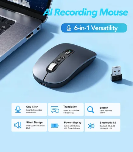 Vista 2 de Ratón inalámbrico AI con traductor de voz a texto y más de 200 idiomas, Bluetooth 5.0 inalámbrico silencioso para MacBook/PC/portátil, USB-C