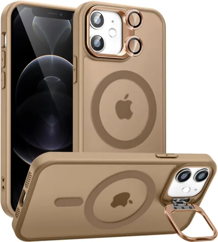 Vista 21 de Funda magnética para iPhone 11 con soporte, compatible con Magsafe, protección militar y protector de lente de cámara, funda translúcida mate