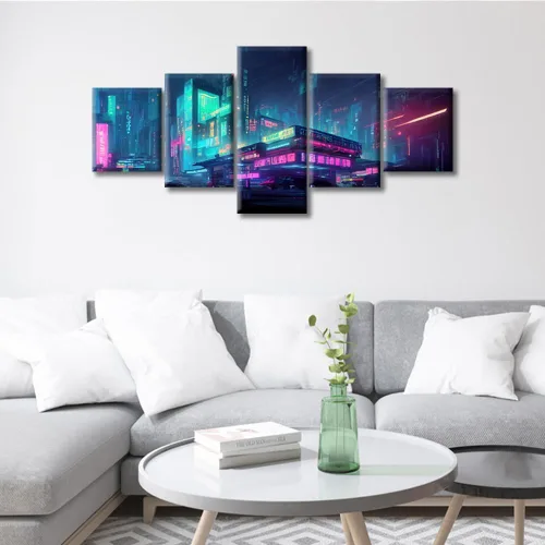 Vista 225 de Cuadros de 5 paneles de Cyberpunk City, arte de pared, representación de vallas publicitarias, edificios modernos en la capital con obras de arte