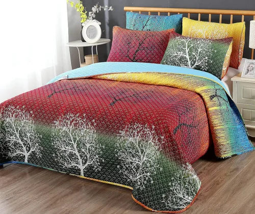 Vista 5 de Swanson Beddings Juego de colcha de 5 piezas con diseño de árbol de arco iris: edredón y 4 fundas de almohada (Queen)
