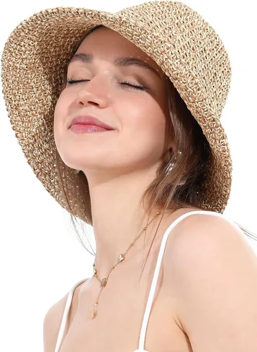 Vista 6 de Sombrero de sol para mujer, hecho a mano, cubo de paja de ganchillo para verano, plegable, gorra de viaje Beige y café