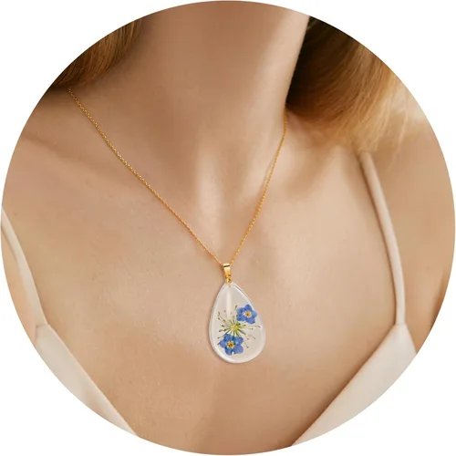 Vista 96 de Collar de flores silvestres prensadas con encaje de Forget-Me-Not y Queen Anne Collar de flores prensadas de oro Collares hechos a mano