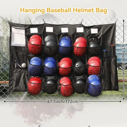 Vista 2 de QBA Bolsa colgante para casco para equipo de béisbol y softbol, organizador de casco para garaje de valla, con capacidad para hasta 15 jugadores
