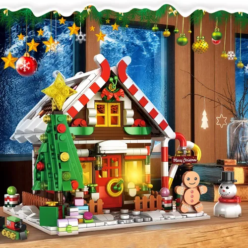 Vista 6 de Edificio de casa de pan de jengibre de Navidad, juego de construcción de casa de pueblo navideño, contiene árbol de Navidad y tren, juguete