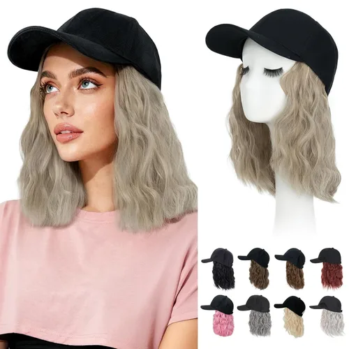 Vista 13 de Hairro Peluca de gorra de béisbol con cabello adjunto, corto estilo Bob ajustable, extensiones de cabello sintético para mujeres, balayage