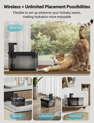 Vista 2 de DownyPaws Fuente de agua para gatos de acero inoxidable inalámbrica, 84 oz/2.5 L Fursink fuentes de agua inalámbricas para mascotas para gatos