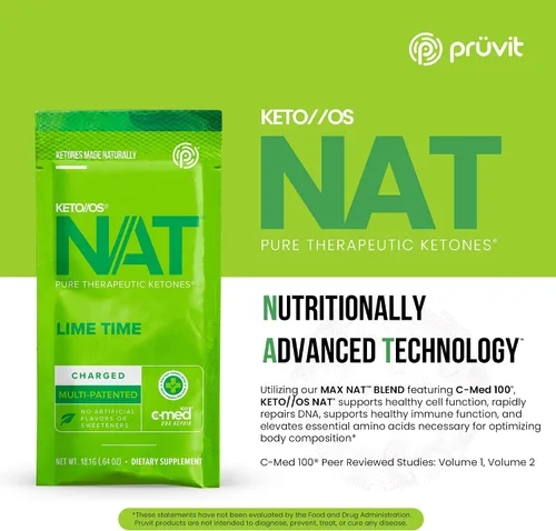 Vista 3 de Pruvit Keto/ OS NAT - Lime Time - Cetonas terapéuticas puras cargadas con C-Med 100, mezcla multipatentada, sin sabores artificiales, 20 sobres