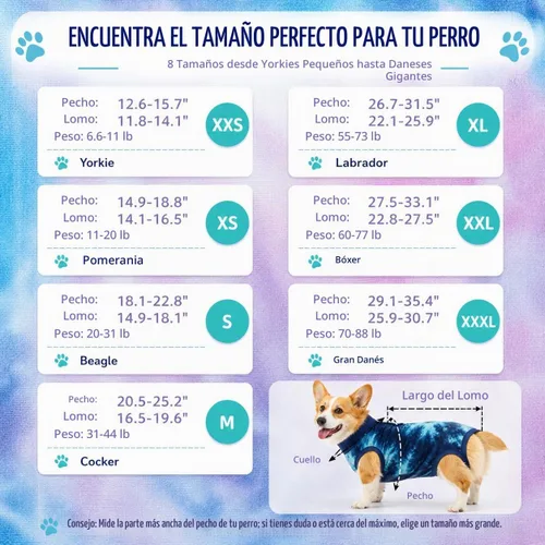 Vista 2 de Traje de recuperación transpirable para perros macho/hembra, mameluco de perro de tie dye azul para heridas abdominales, alternativa a cono y collar