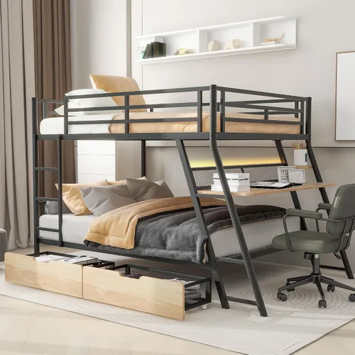 Vista 3 de Litera de metal de tamaño matrimonial sobre tamaño matrimonial con escritorio integrado, litera de estilo moderno con marco de acero resistente