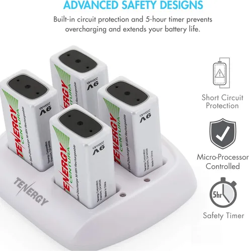 Vista 7 de Tenergy TN136 Cargador inteligente de 4 bahías 9V con 4 piezas 9V Tenergy Centura (baja autodescarga) NiMH 200mah baterías recargables
