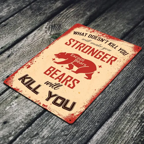Vista 2 de JP's Parcels Letrero de metal de 12 x 8 pulgadas con texto en inglés «What Doesn't Kill You Makes You Stronger» Except Bears Will Kill You