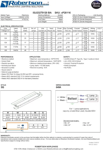 Vista 4 de ROBERTSON 3P20116 Balasto eléctrico, encendido instantáneo, NPF, 1 o 2 lámparas F32T8, 120 V, corriente alterna, 60 Hz, Modelo ISU232T8120 BA