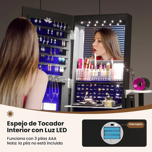Vista 3 de HWB Armario de almacenamiento de joyas con espejo LED de cuerpo entero, organizadores de joyas giratorios de 360° de pie con estantes y Negro