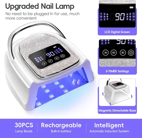 Vista 10 de COSCELIA Lámpara de uñas U V, inalámbrica, recargable, luz UV para uñas de gel, sensor automático profesional, 3 temporizadores, secado rápido