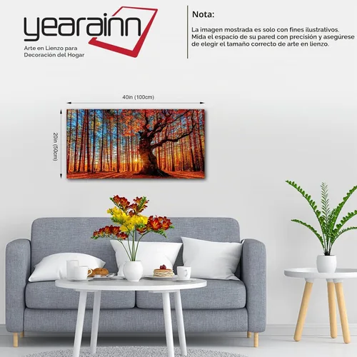 Vista 7 de Arte de pared grande con atardecer en el bosque, imagen de paisaje de Otoño Bosque Pu