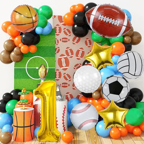 Vista 4 de 9 globos deportivos, fútbol, baloncesto, béisbol, voleibol, golf y fútbol, globo de aluminio de Mylar con número de cumpleaños deportivo