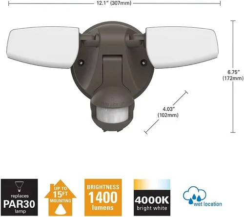 Vista 3 de HALO Luz LED de inundación y seguridad para exteriores, activada por movimiento, del atardecer al amanecer, 1420 lúmenes, bronce