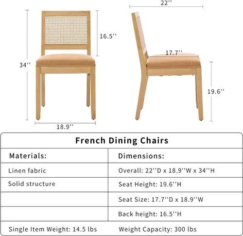 Vista 2 de French Country Dining Chairs Set of 2, Linen Upholstered Cane Back, Amber Soft linen upholstered seat with thick foam padding provides comfortable