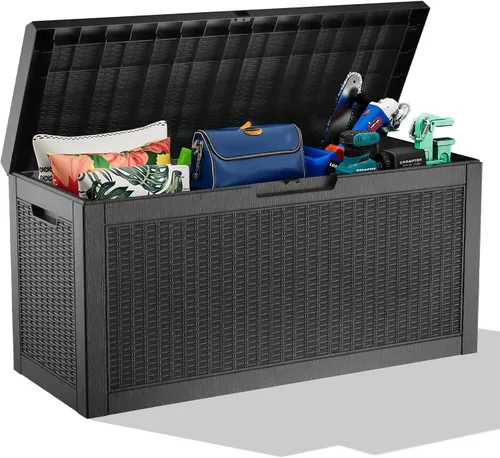 Vista 28 de DRATO Caja de almacenamiento para cubierta de 31 galones, caja de almacenamiento para exteriores para cojines de patio, herramientas de jardín, caja