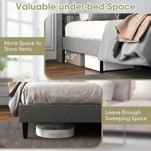 Vista 8 de Giantex Base de cama tapizada de tela de lino de tamaño matrimonial, marco de cama moderno con cabecera capitoné con botones, base de colchón