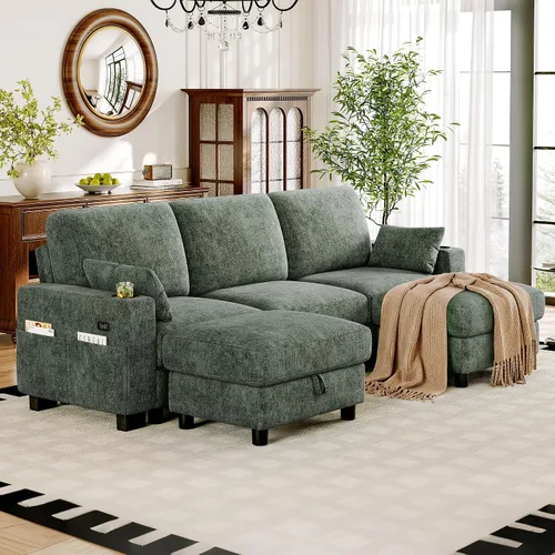 Vista 28 de Vipbear Sofá modular seccional, sofá de chenilla cómodo en forma de L de Marfil