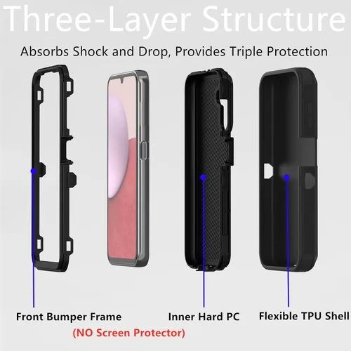Vista 2 de Funda protectora resistente a prueba de polvo a prueba de golpes y caídas, 3 en 1 para Samsung Galaxy A14 5G (negro)