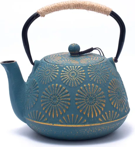 Vista 8 de Tetera de hierro fundido, hervidor de té de 40 onzas con infusor para estufa, diseño Sakura, tetera japonesa para hojas sueltas con interior Negro
