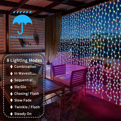 Vista 3 de Luces solares de cortina con control remoto, luces de jardín al aire libre, 300 LED, 8 modos, control remoto, impermeable, cascada solar, guirnalda